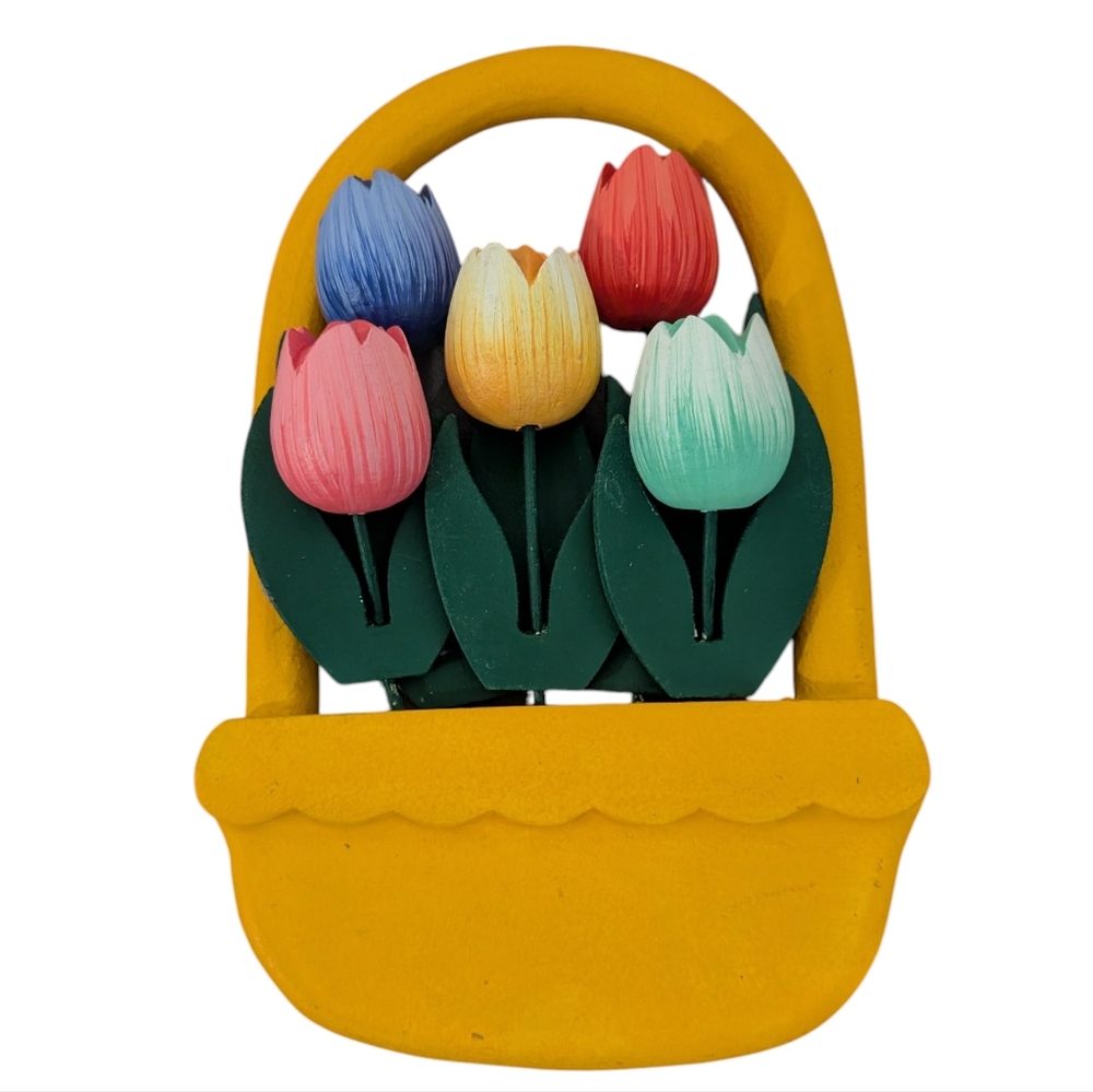 vintage Colorful wood hand carved 3D tulip Flower wall decor